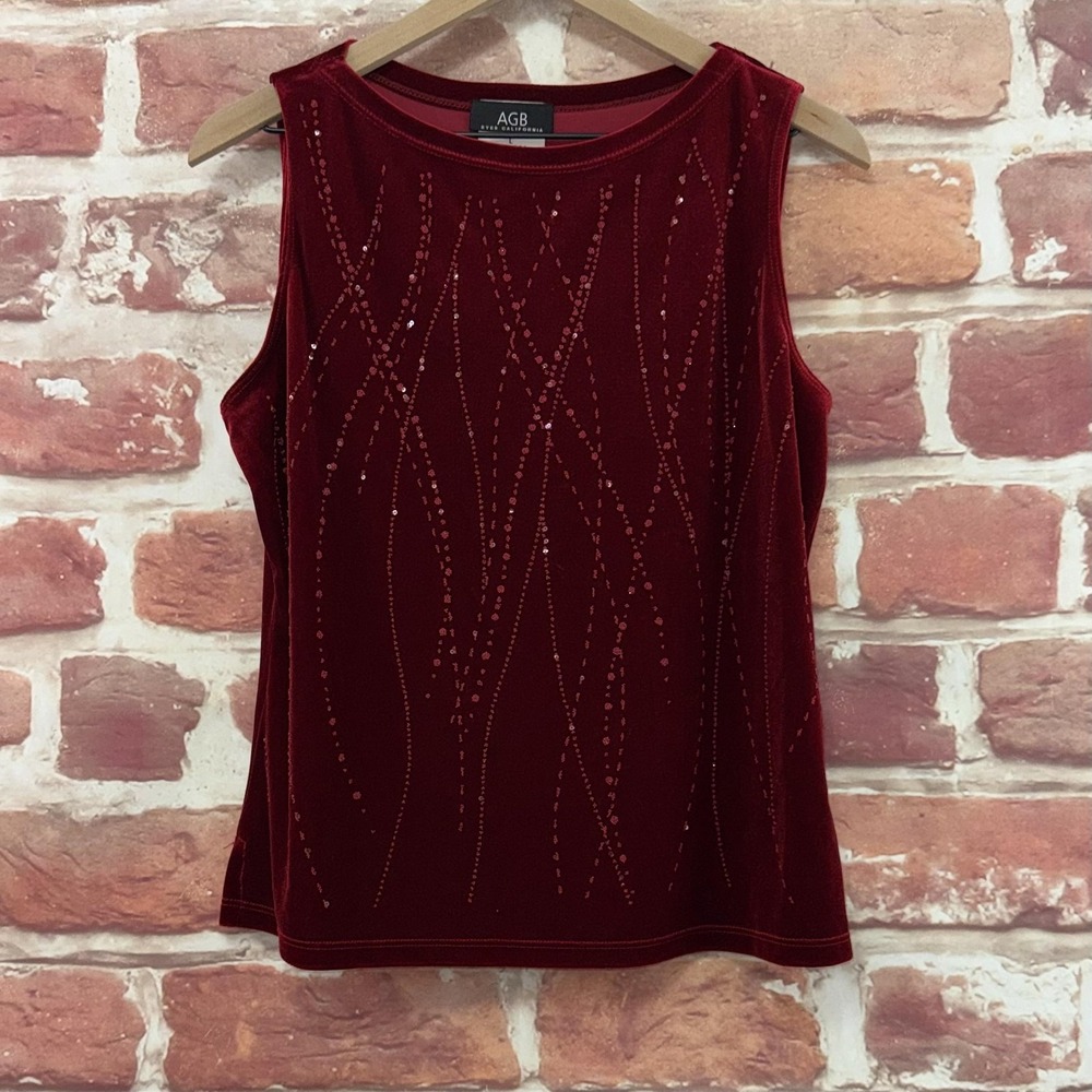 VTG Amy Byer AGB Top Women's L Red Velvet Velour Beaded Sequin Evening Shirt